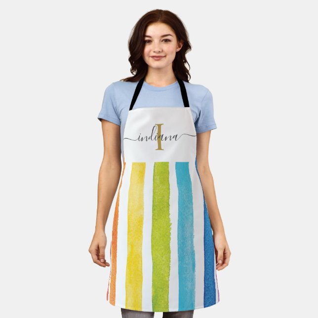 Watercolor Rainbow Monogram Script Mum Birthday Apron (Worn)
