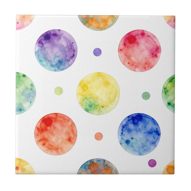 Watercolor Rainbow Orb Polka Dot Pattern Ceramic Tile (Front)