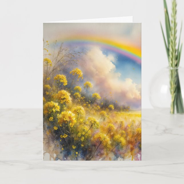 Watercolor Rainbow Over Wildflower Meadow Card (Front)