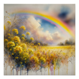 Watercolor Rainbow Over Wildflower Meadow Poster