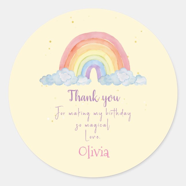 Watercolor Rainbow Party Thank you Classic Round Sticker (Front)