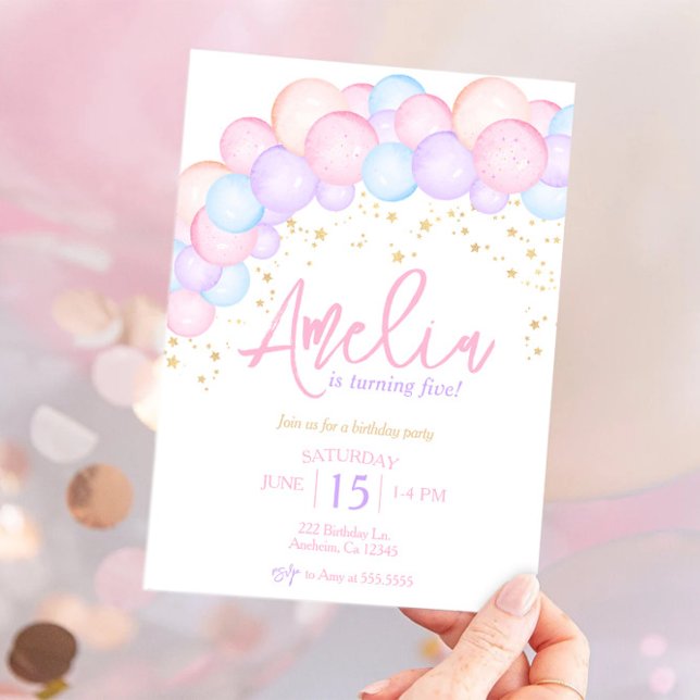 Watercolor rainbow pastel balloon arch birthday invitation (Creator Uploaded)