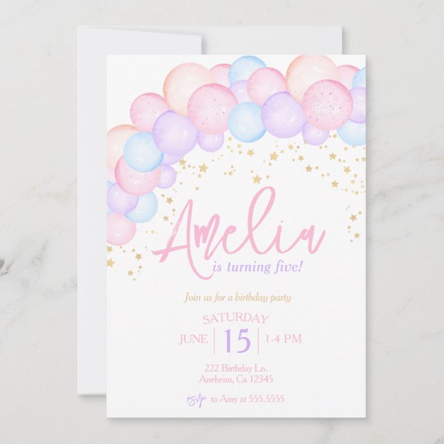 Watercolor rainbow pastel balloon arch birthday  invitation (Front)