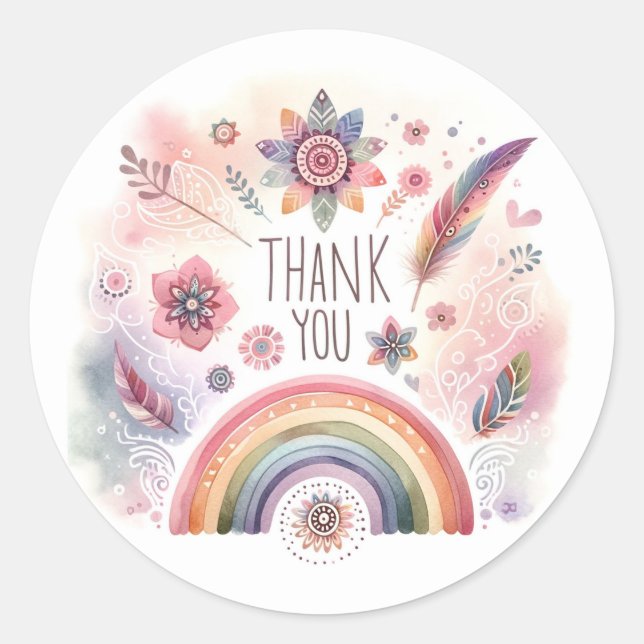 Watercolor Rainbow Pastel Bohemian Thank You Classic Round Sticker (Front)