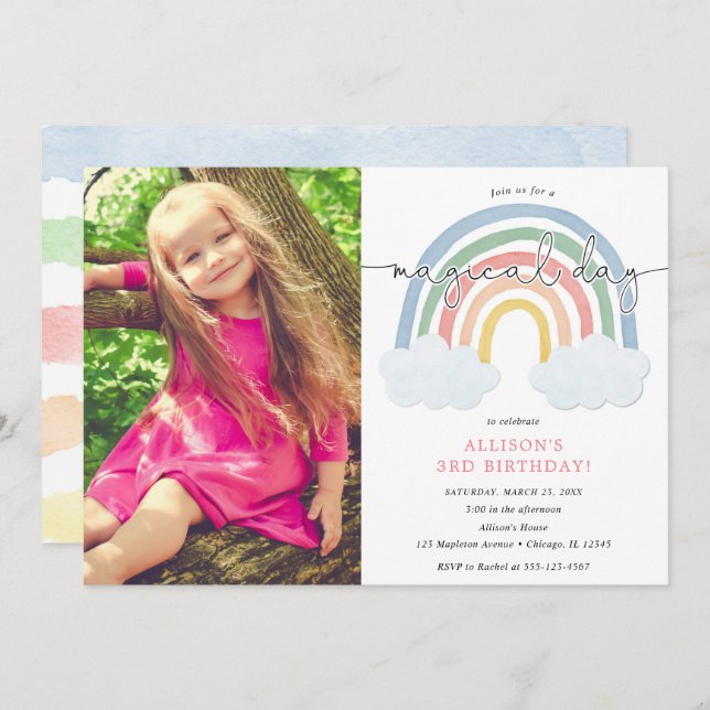 Watercolor rainbow pastel girl birthday photo invitation (Front/Back)