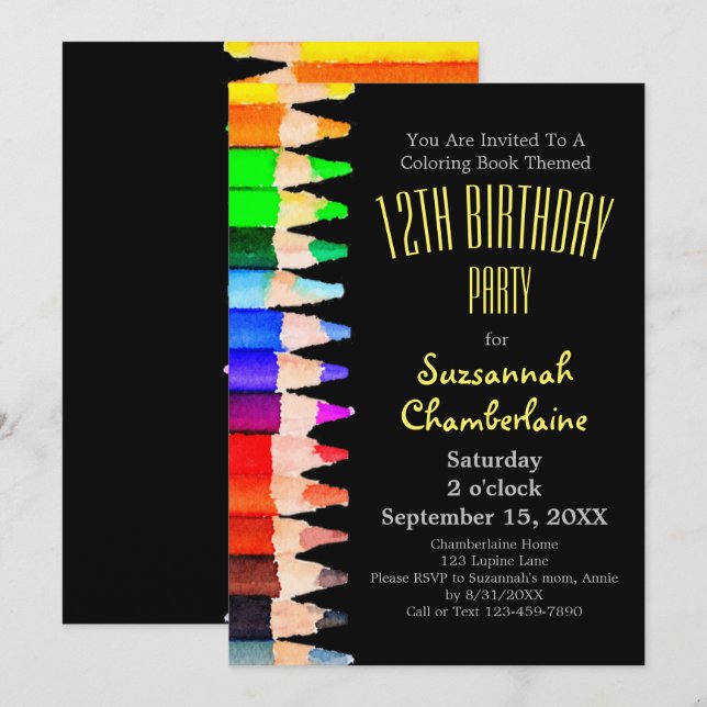 Watercolor Rainbow Pencils Kids Birthday Party Invitation (Front/Back)