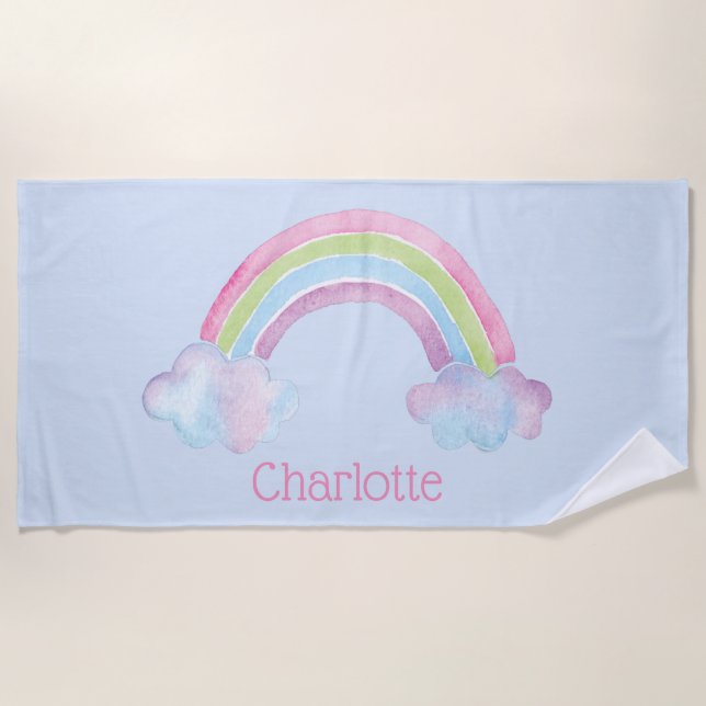 Watercolor Rainbow Personalised Kids Beach Towel (Front)