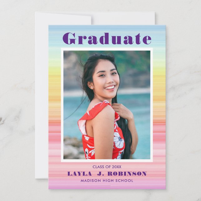 Watercolor rainbow photo graduation announcement (Front)
