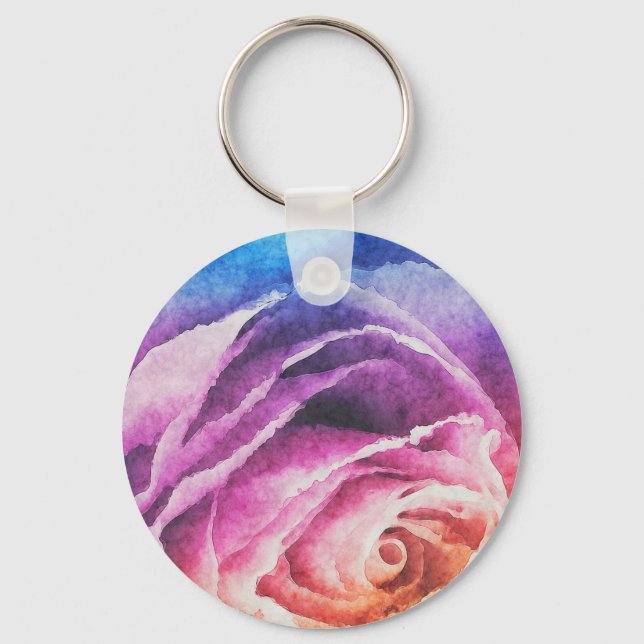 Watercolor Rainbow Rose Key Ring (Front)