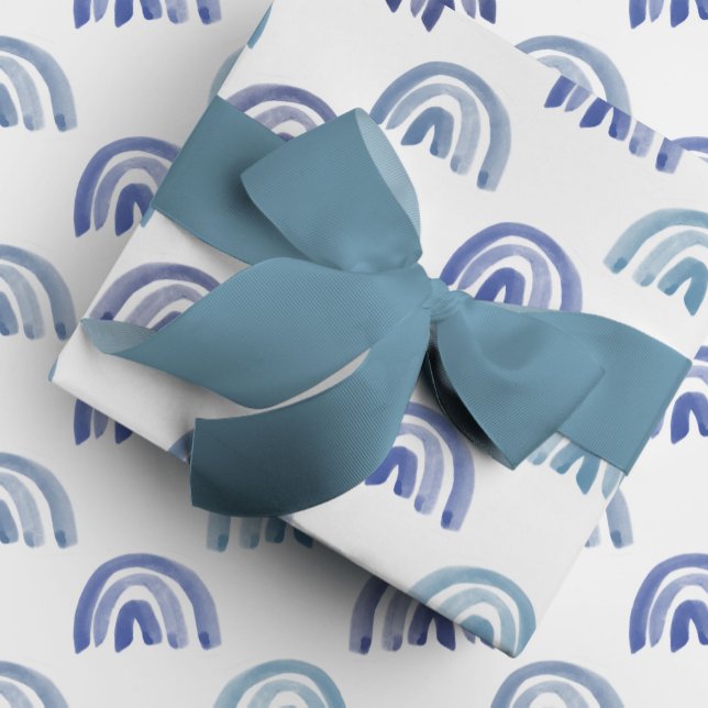 Watercolor Rainbow Rows in Blue Wrapping Paper (Blue watercolor rainbows gift wrapping paper.)