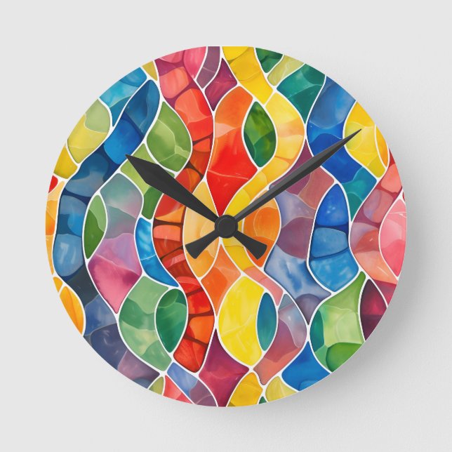 Watercolor Rainbow Stained Glass Round Clock (Front)