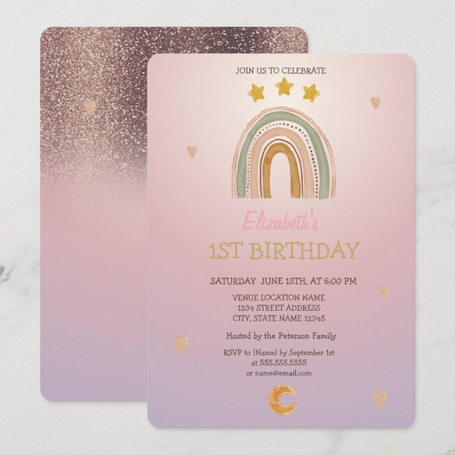 Watercolor Rainbow Stars Hears Glitter  Birthday  Invitation (Front/Back)