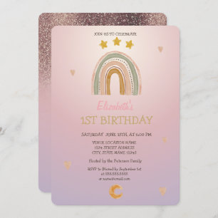 Watercolor Rainbow Stars Hears Glitter Birthday Invitation