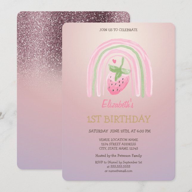 Watercolor Rainbow Strawberry Glitter Birthday  Invitation (Front/Back)