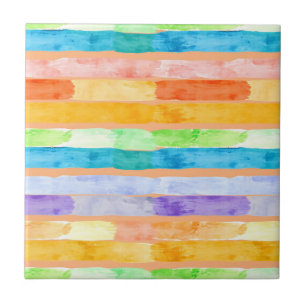 Watercolor Rainbow Stripes Abstract Ceramic Tile