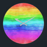 Watercolor Rainbow Stripes Large Clock<br><div class="desc">Bright and colourful multi coloured horizontal stripes painted in watercolor,  great background to custom with your own text or images or keep as a cheerful design.</div>
