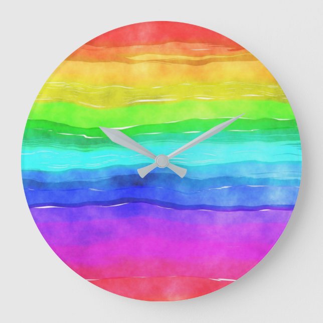 Watercolor Rainbow Stripes Large Clock (Front)