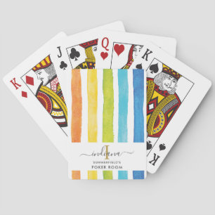 Watercolor Rainbow Stripes Monogram Script Playing Cards