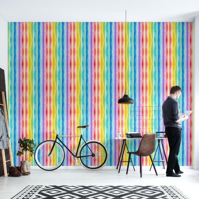 Watercolor Rainbow Stripes Peel And Stick Wallpaper (Living Room)