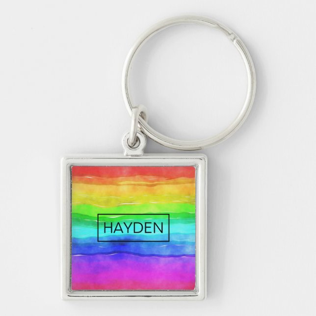 Watercolor Rainbow Stripes Personalised Key Ring (Front)