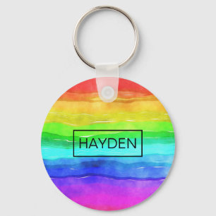 Watercolor Rainbow Stripes Personalised Key Ring