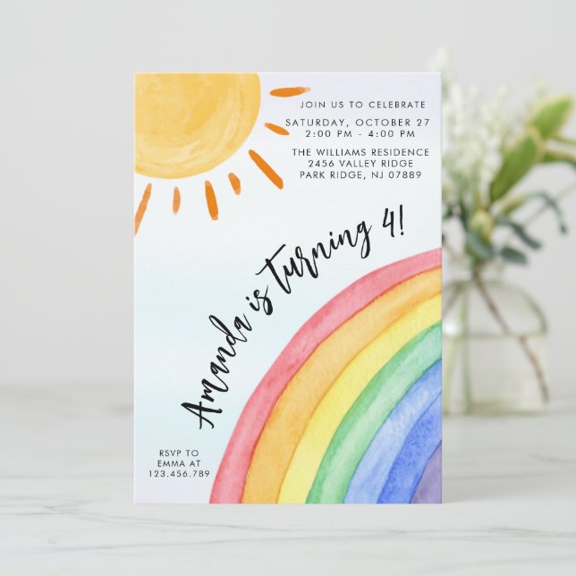 Watercolor Rainbow Sunshine Birthday Invitation (Standing Front)