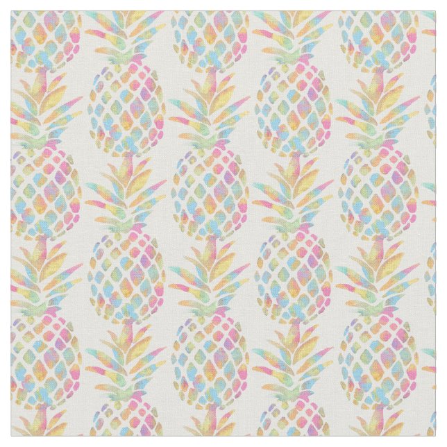 Watercolor Rainbow Tropical Pineapple Fabric (Close Up)