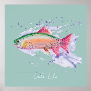 Watercolor Rainbow Trout Lake Life Poster
