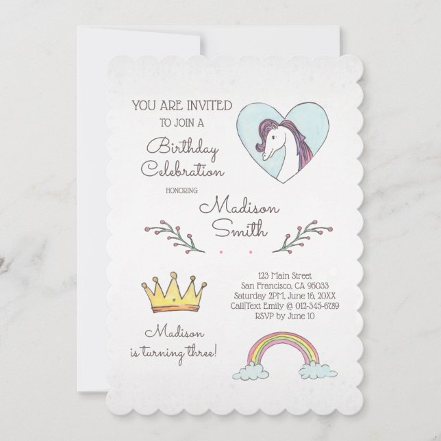 Watercolor Rainbow Unicorn Birthday Invitation (Front)