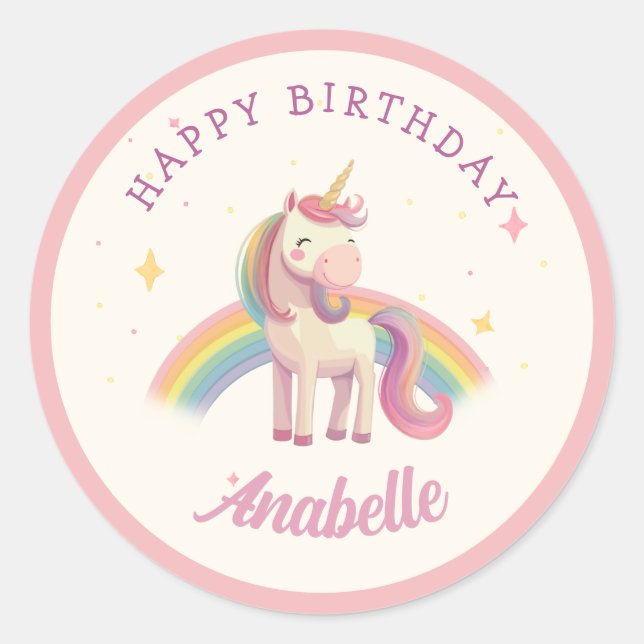 Watercolor Rainbow Unicorn Birthday Party Favour Classic Round Sticker (Front)