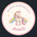 Watercolor Rainbow Unicorn Birthday Party Favour Classic Round Sticker<br><div class="desc">Rainbow unicorn with rainbow and stars on custom colour background. choose from multiple plate sizes and shapes. Border is optional</div>