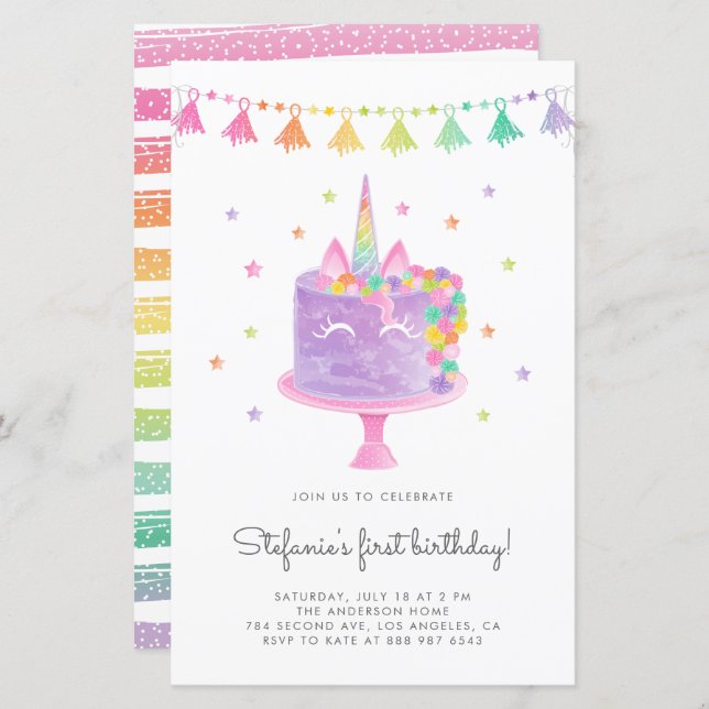 Watercolor Rainbow Unicorn Cake Birthday Invite (Front/Back)