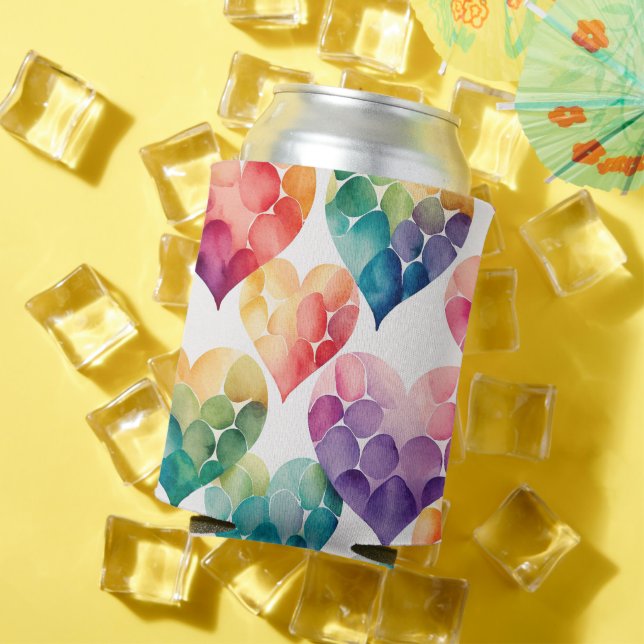 Watercolor rainbow Valentines hearts pattern Can Cooler (In Situ Summer)