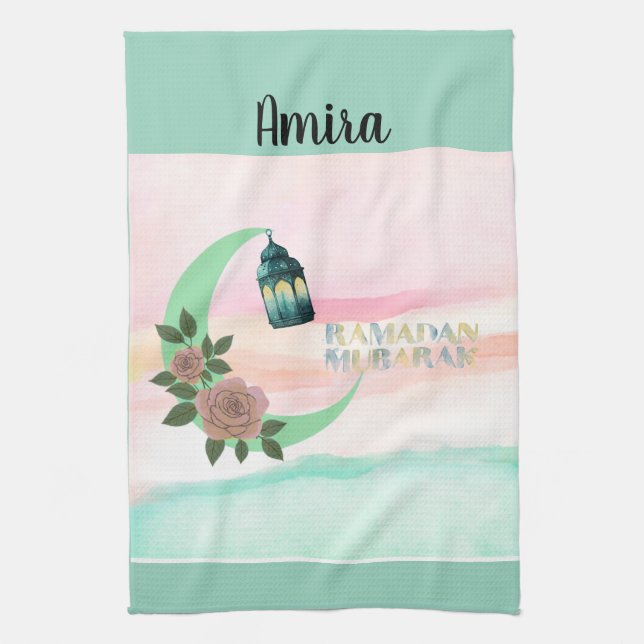 Watercolor Ramadan Crescent Moon – Customizable Tea Towel (Vertical)