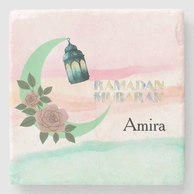Watercolor Ramadan – Crescent Moon  Stone Coaster (Front)