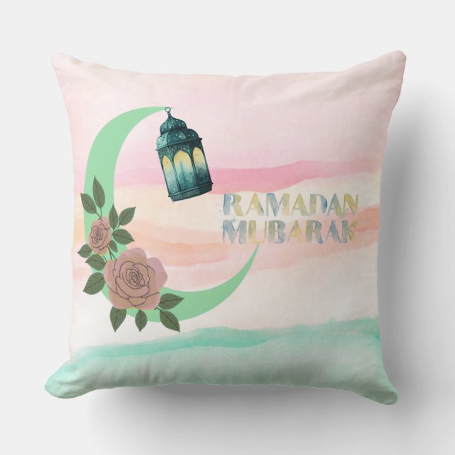 Watercolor Ramadan Design | Lantern, Crescent Moon Cushion (Front)