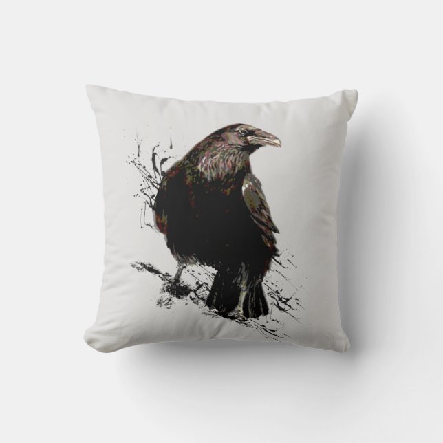 Watercolor  Raven Bird Animal  Art Cushion (Front)