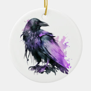 Watercolor Raven - Purple Ceramic Ornament