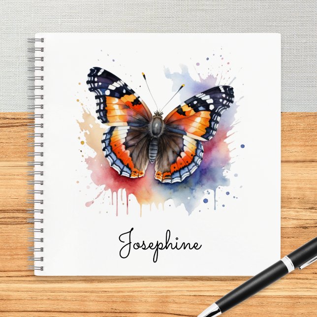 Watercolor Red Admiral Butterfly Personalised Notebook (A personalized notebook featuring an illustration of a red admiral butterfly in a watercolor style)