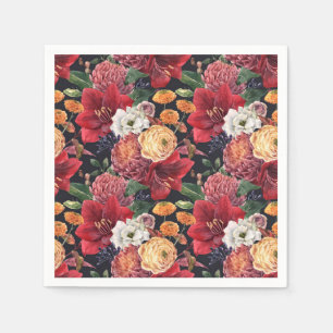Watercolor Red Amaryllis and Chrysanthemums Floral Napkin