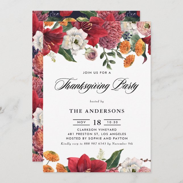 Watercolor Red Amaryllis Floral Thanksgiving Party Invitation (Front/Back)