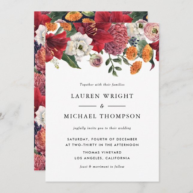Watercolor Red Amaryllis Floral Wedding Invitation (Front/Back)