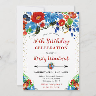 Watercolor Red and Blue Flowers 50th Birthday Invitation