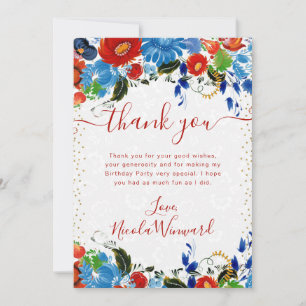 Watercolor Red and Blue Flowers Birthday Thank You Card