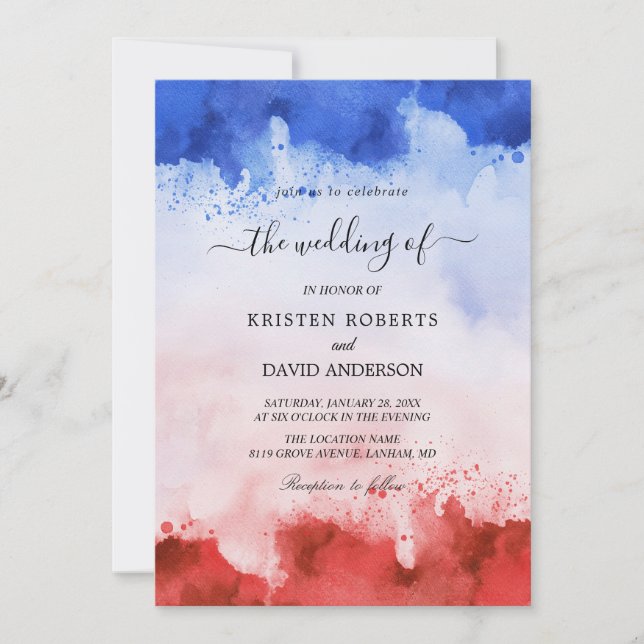 watercolor red and blue wedding invitation (Front)