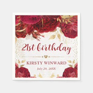 Watercolor Red and Gold Flowers Birthday Napkin