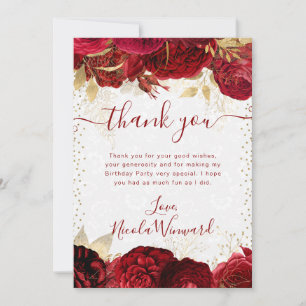 Watercolor Red and Gold Flowers Birthday Thank You Card