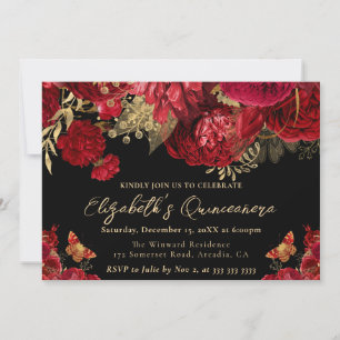 Watercolor Red and Gold Flowers Quinceanera Invitation