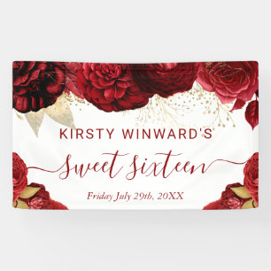 Watercolor Red and Gold Flowers Sweet 16 Banner