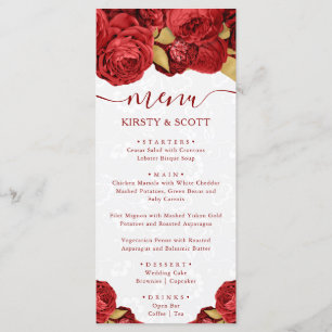 Watercolor Red and Gold Flowers Wedding Menu